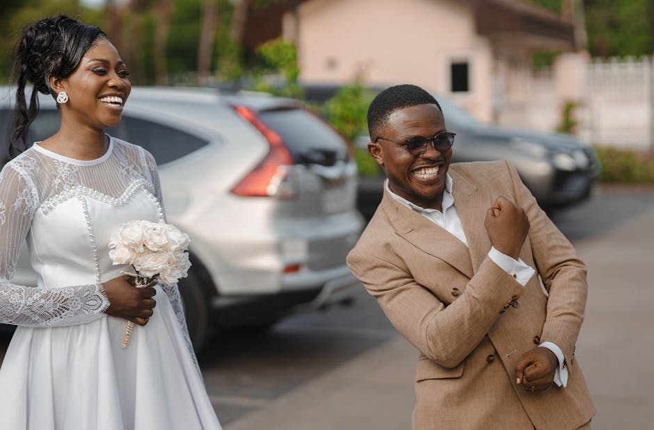Happy bride and groom celebrating their marriage